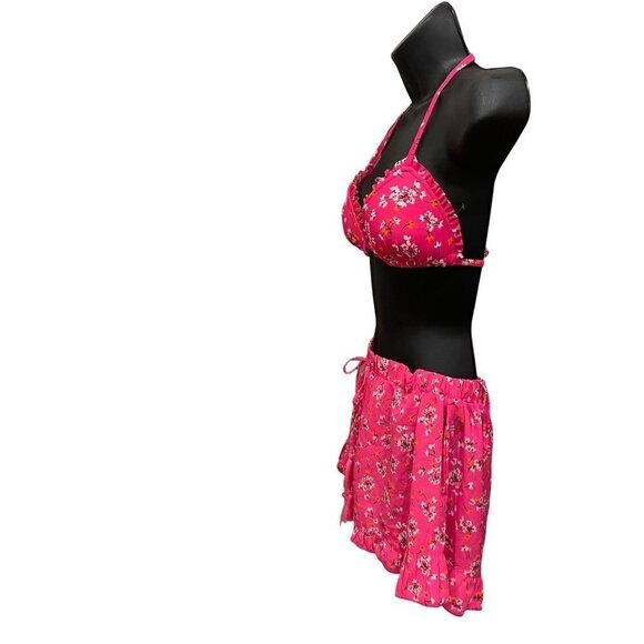New look womens  3 piece bikini & matching shorts. Pink floral medium - Picture 6 of 7